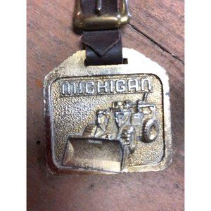 Vintage Brass Watch Fob Advertising Michigan Loader with Leather Strap Industria